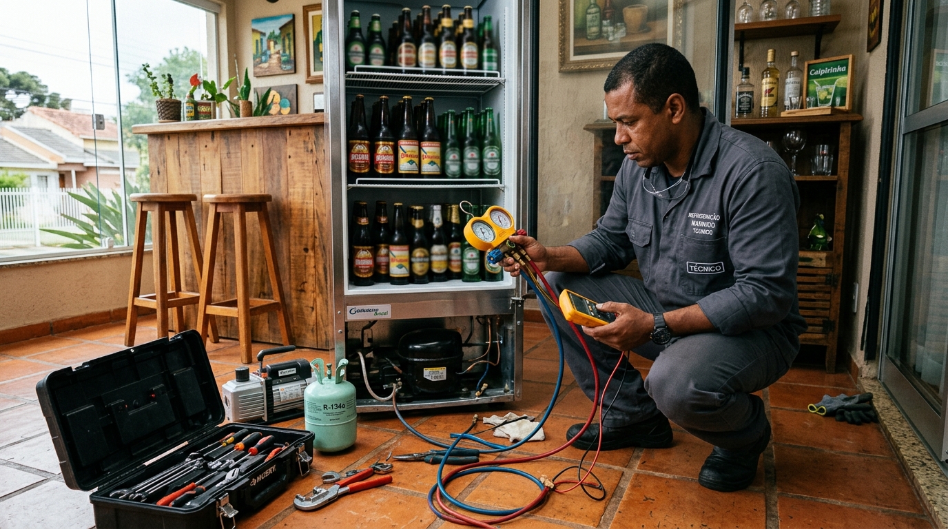 Profissional executando reparo no motor de cervejeira em Uberaba‑MG