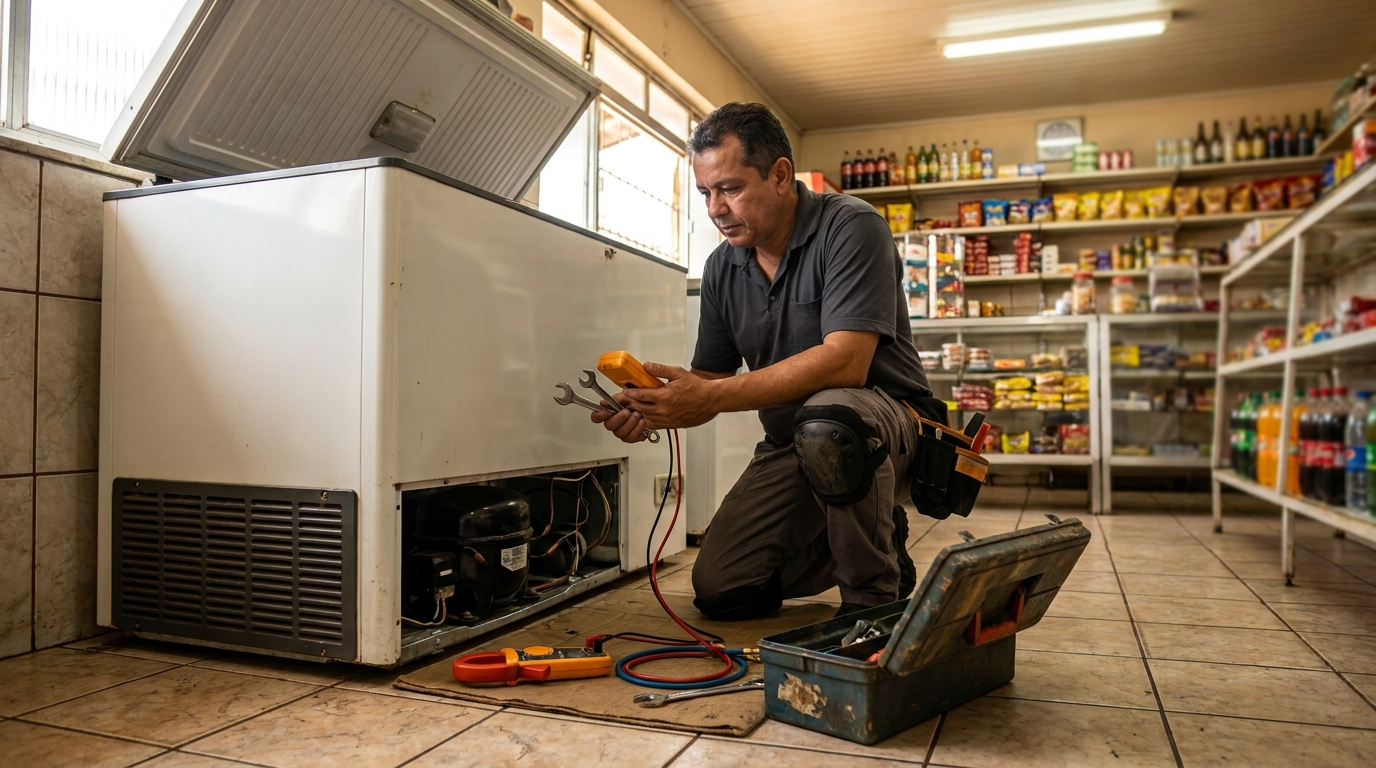 Profissional executando manutenção no motor de freezer em Uberaba‑MG